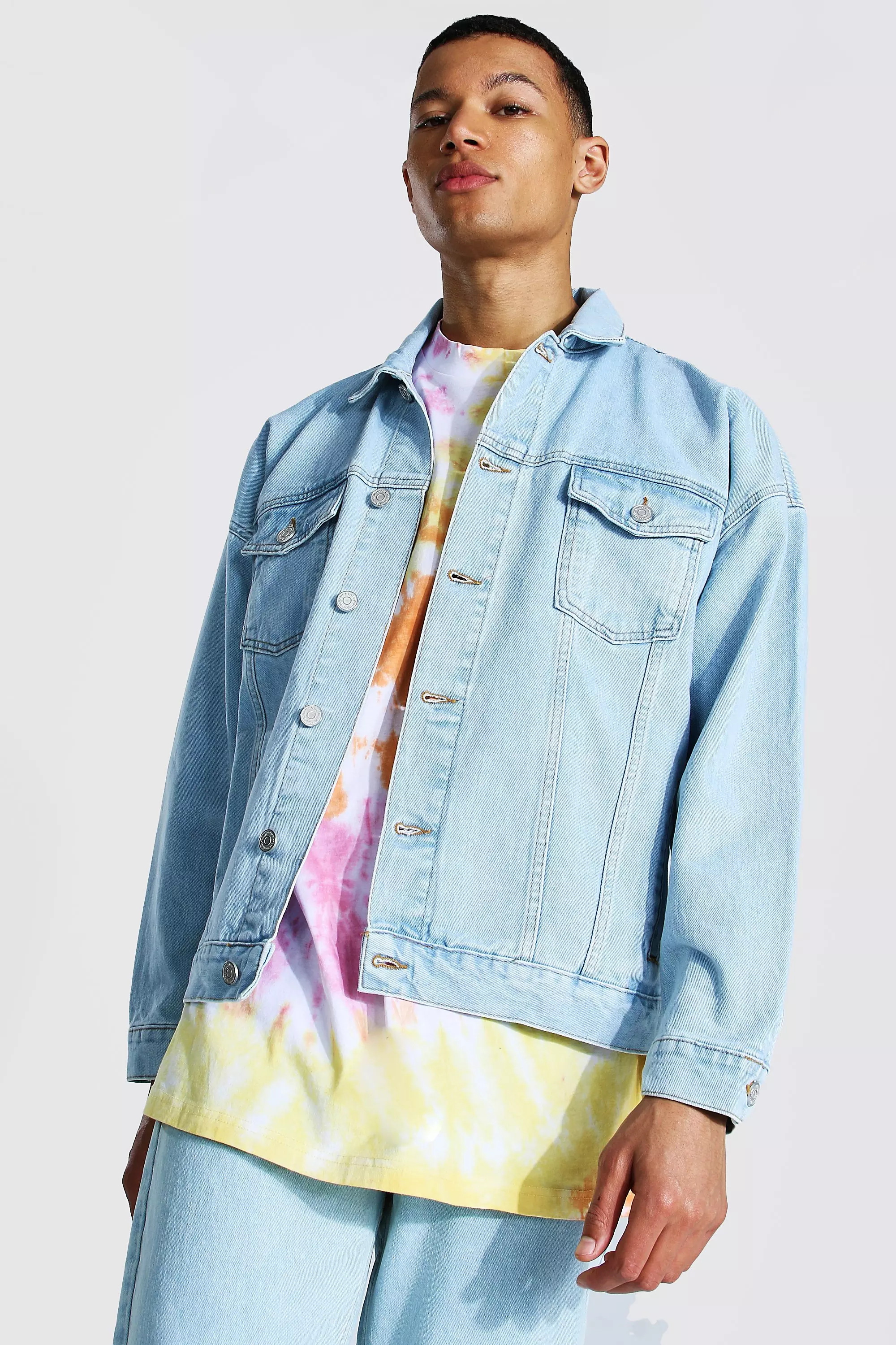Tall Boxy Fit Denim Jacket With Drip Face | boohooMAN USA